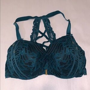 Cacique Boost Plunge Dark Teal Blue Lace Bra RacerBack Underwire Strappy 38DDD